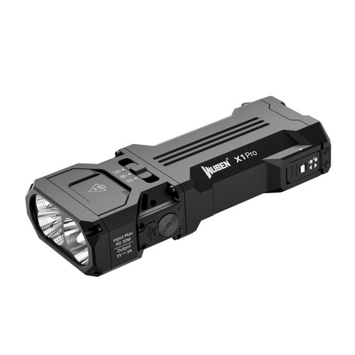 Wuben X1 Pro flashlight, angled view, showing brand name, dual LEDs, and input/output specifications.