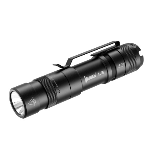 Wuben L3 3000 lumens EDC tactical flashlight, black, angled view showing pocket clip and head.