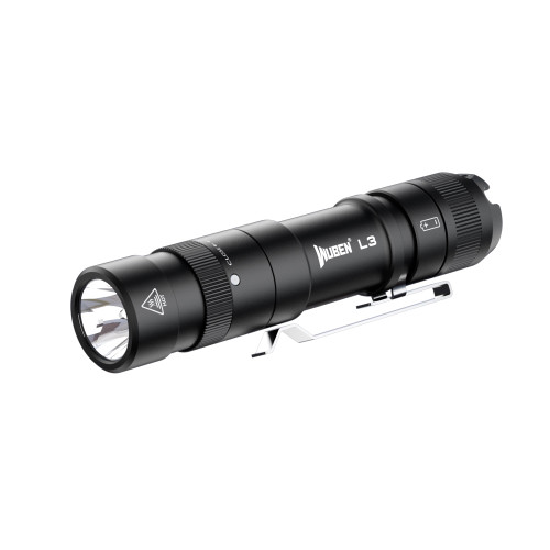 Wuben L3 3000 lumens EDC tactical flashlight, black, angled view from opposite side.