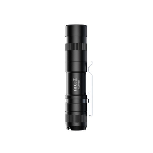 Wuben L3 3000 lumens EDC tactical flashlight, black, back view showing serial number and certifications.