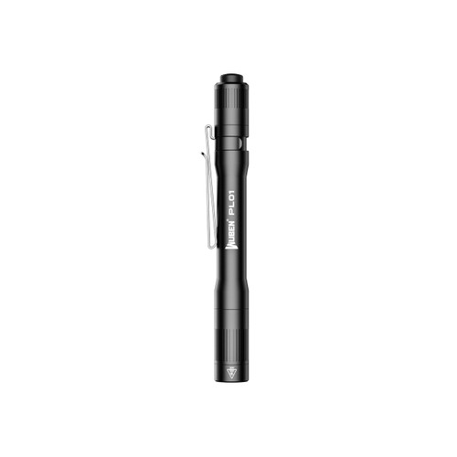 Wuben PL01 penlight flashlight, black, front view showing pocket clip and Wuben logo.