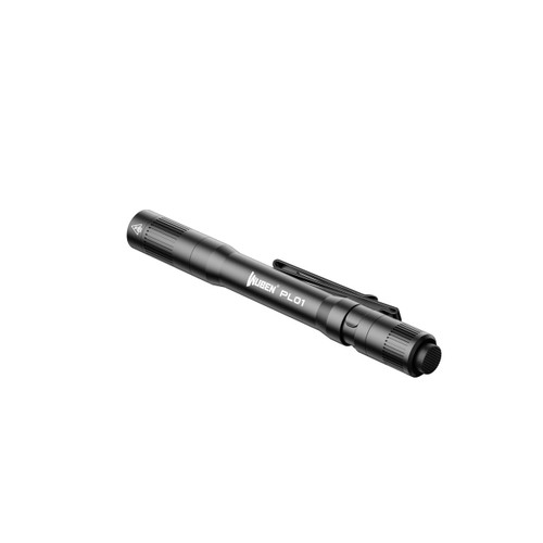 Wuben PL01 penlight flashlight, black, top-down angled view showing pocket clip.