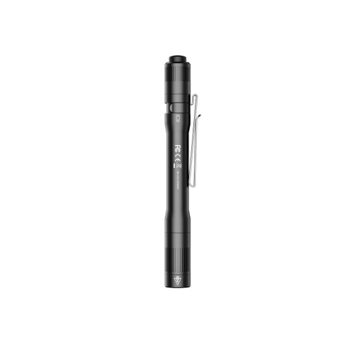 Wuben PL01 penlight flashlight, black, back view showing pocket clip and regulatory markings.