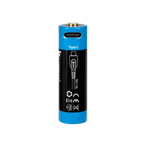 NUBEN AB1920 14500 rechargeable battery showing top with USB Type-C charging port and 5V/1A input.