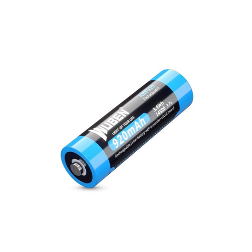 Angled view of Wuben ABF920R - 920mAh 14500 USB-C Rechargeable Lithium-ion Battery, highlighting its model and capacity.