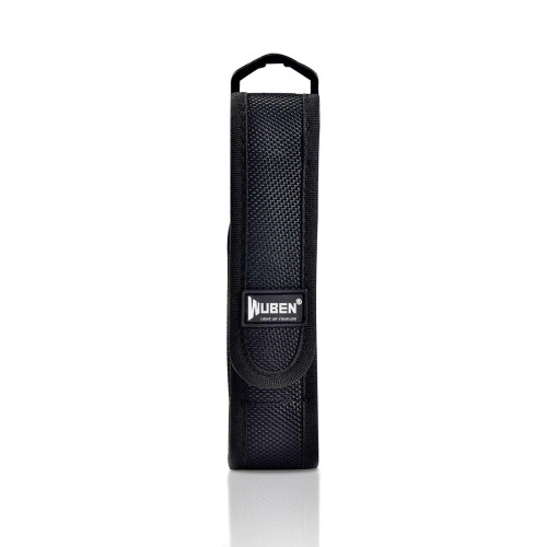 Wuben AS5 flashlight nylon pouch holder, 5.5x1.2 inch, black, direct front view with logo.