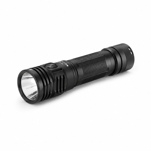 Side view of the Skilhunt M300 V4 LED flashlight, showcasing its textured body and side power button.