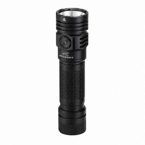 Angled view of the Skilhunt M300 V4 compact LED flashlight standing upright, featuring its logo and side switch.