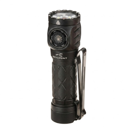 Skilhunt EC150 right-angle flashlight with side switch and pocket clip, shown at an angle on a white background.