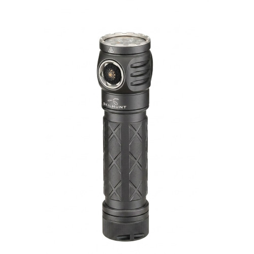 Skilhunt EC200 grey flashlight standing upright, showcasing its side-facing LED emitter and textured grip.