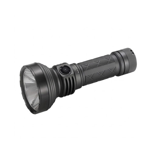 Skilhunt EC500 tactical flashlight shown from an angled side view, highlighting its robust design and textured grip.