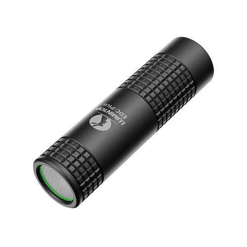 Angled view of the black Lumintop EDC Pico V2.0 USB-C Rechargeable Keychain light, highlighting the front lens and green ring.
