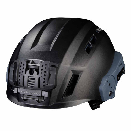Fenix ALG-04 V2.0 Headlamp Helmet Attachment securely mounted on the front of a black tactical helmet.