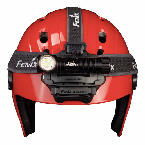 Fenix ALG-04 V2.0 Headlamp Helmet Attachment with a Fenix HM61R V3.0 headlamp mounted on a red helmet.