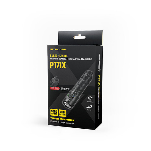 Retail packaging box for the Nitecore P17iX - 330m Tactical LED Torch with Spotlight and Floodlight.