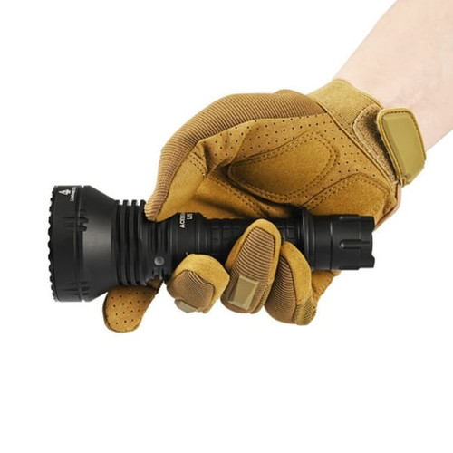 AceBeam L19 2.0 - 1km+ Throw Spotlight with White or Green LED held horizontally in a gloved hand.