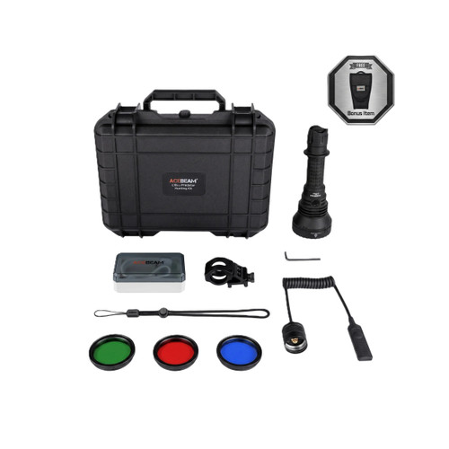 Acebeam L19 2.0 Hunting Kit - 1km+ Throw Spotlight with Mount, Filters and Holster, showing all included items.
