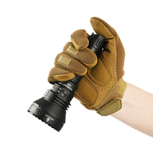 Acebeam L19 2.0 Hunting Kit - 1km+ Throw Spotlight with Mount, Filters and Holster held in a gloved hand.
