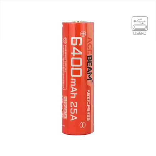 Upright view of Acebeam AB21CP6425 - 6400mAh 25A USB-C Rechargeable 21700 Battery, showing protection circuits.