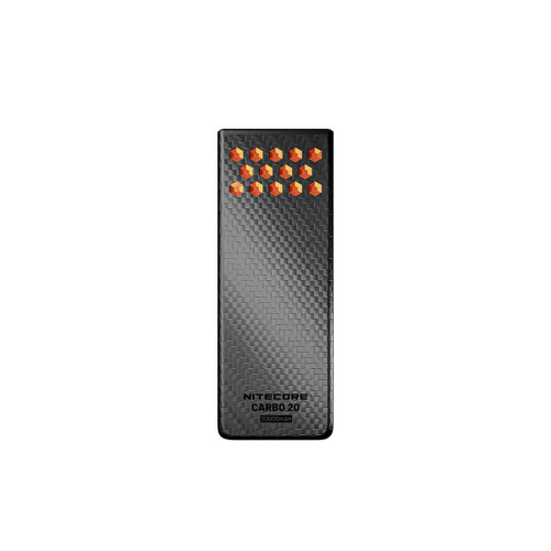 Nitecore CARBO 20 - 20000mAh Lightweight Fast-Charge Powerbank from a top-down view with orange hexagonal elements.