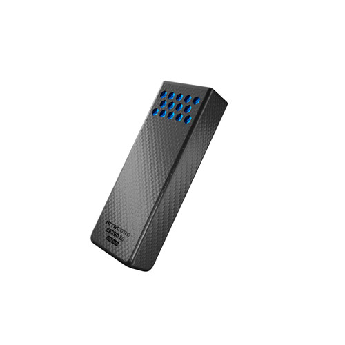 Nitecore CARBO 20 - 20000mAh Lightweight Fast-Charge Powerbank shown at an angle with blue hexagonal elements.
