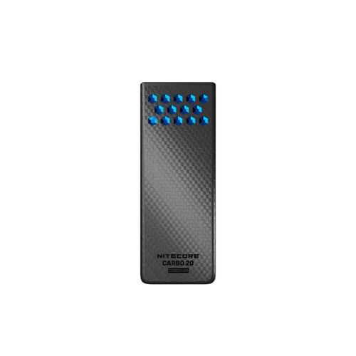 Nitecore CARBO 20 - 20000mAh Lightweight Fast-Charge Powerbank from a top-down view with blue hexagonal elements.