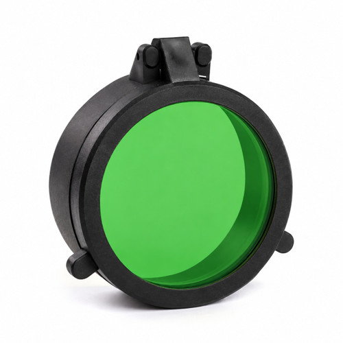 Weltool LF61G - Green filter for Weltool W4 and 60.5mm torches, shown angled with its green lens and flip-up cap.