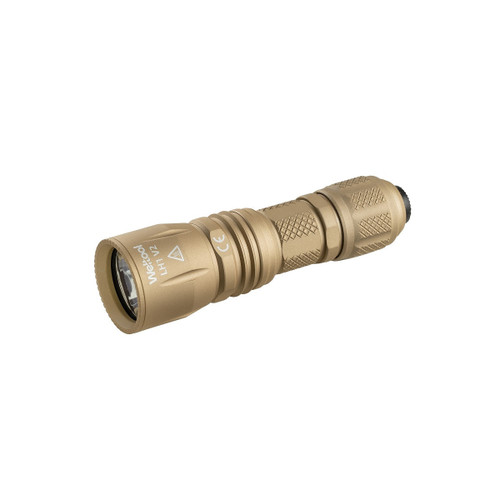 Angled view of the tan Weltool T16A - 598m 18350 Tactical LED Torch, a versatile and durable flashlight.