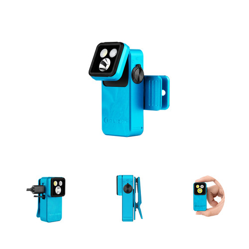 Olight Oclip 2 Pro 530lm 125m Clip Light in blue, shown from multiple angles highlighting its clip, charging port, and compact size.