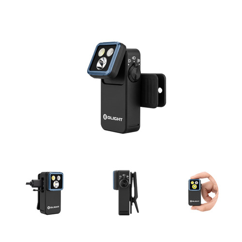 Olight Oclip 2 Pro Premium 530lm 125m Clip Light with Charging Dock in black, showing features and scale.