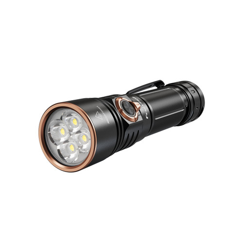 Fenix E40R - 5000 Lumen Rechargeable EDC Torch angled view showcasing the four LED emitters in the head.