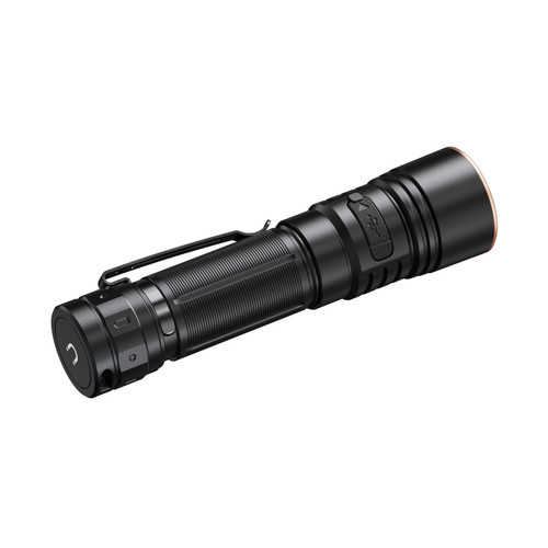 Fenix E40R - 5000 Lumen Rechargeable EDC Torch rear angled view showing the tail cap and charging port.