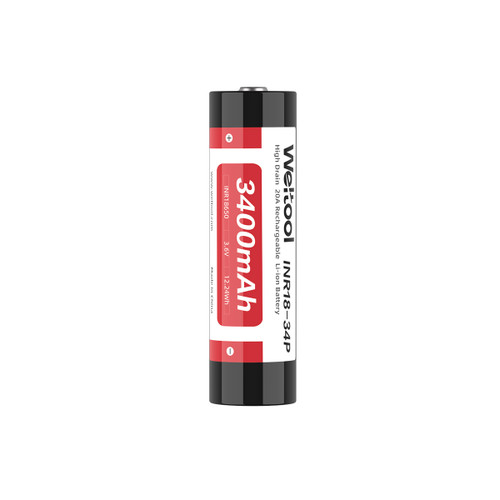 Weltool INR18-34P - 3400mAh High-drain 18650 Lithium-ion Battery, standing upright front view.