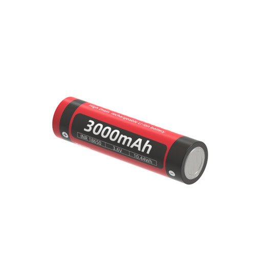 Weltool PB18-30P - 3000mAh High-drain Rechargeable 18650 Li-ion Battery, angled view showing negative terminal.