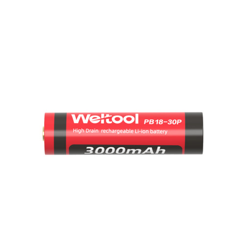 Weltool PB18-30P - 3000mAh High-drain Rechargeable 18650 Li-ion Battery, straight side view with branding.
