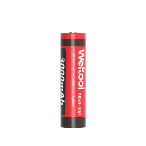 Weltool PB18-30P - 3000mAh High-drain Rechargeable 18650 Li-ion Battery standing upright, positive end up.