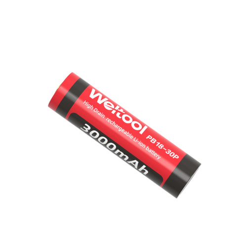 Weltool PB18-30P - 3000mAh High-drain Rechargeable 18650 Li-ion Battery, top-down angled view.