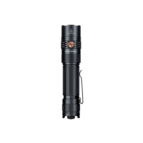 Front view of the Fenix PD36R ACE flashlight standing upright, part of the Fenix PD36R ACE + Free E12 V3.0 Combo Set.