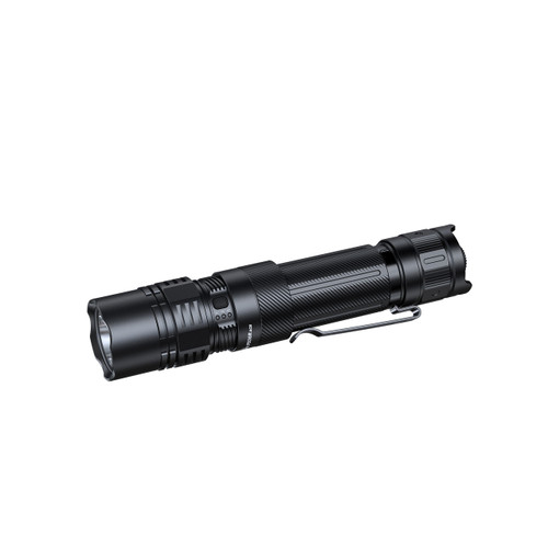 Side view of the Fenix PD36R ACE flashlight with pocket clip, part of the Fenix PD36R ACE + Free E12 V3.0 Combo Set.