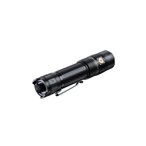 Angled view of the Fenix PD36R ACE flashlight showing the tail cap and clip, from the Fenix PD36R ACE + Free E12 V3.0 Combo Set.