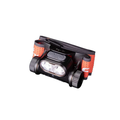 Fenix HM65R-T V2.0 Dual output 1600 lumen USB-C Headlamp with orange headband, front-side view.
