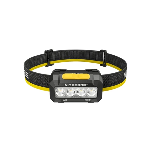 Front view of the nitecore Ha19 headlamp, showing its four main LEDs and black and yellow headband.