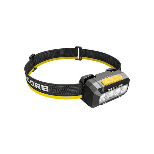 Top right angle view of the nitecore Ha19 headlamp, showing the yellow control buttons on top.