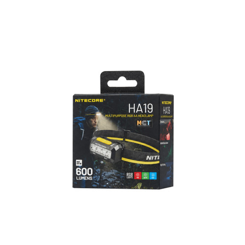 Retail packaging box for the nitecore Ha19 headlamp, displaying features like 600 lumens and RGB.