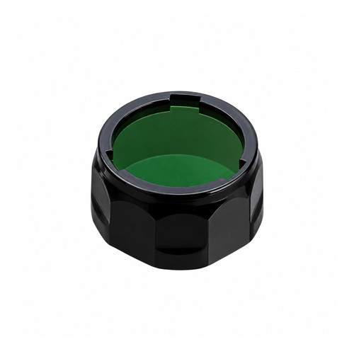 Angled view of the Fenix AOF-S+ Green - Filter for PD12, PD35, UC40 and UC40 UE, showcasing its green lens and black housing.