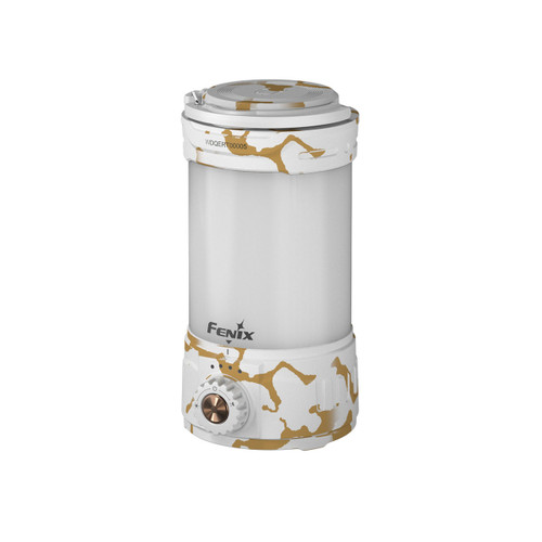 Fenix CL26R Pro - 650 lumen rechargeable camping lantern White, front view, showing white and gold camouflage pattern.