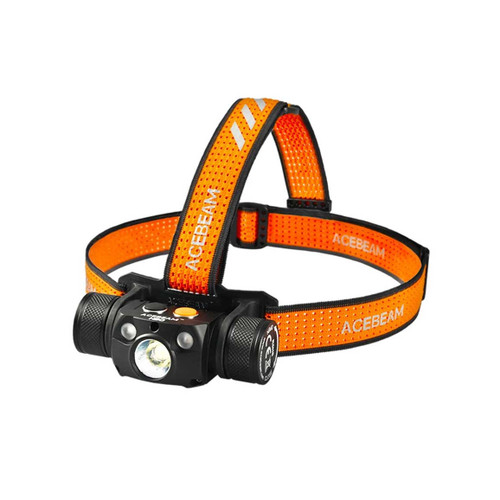 Acebeam H30 - 4000 Lumen Headlamp with Red + Green, UV or High-CRI, featuring its orange reflective strap.