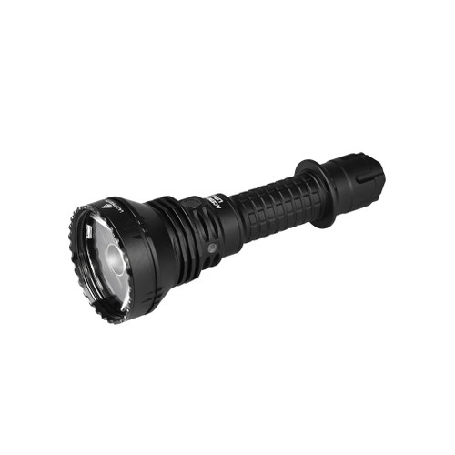 Angled view of the Acebeam L19 2.0 - 1km+ Throw Spotlight with White or Green LED, showcasing its design.