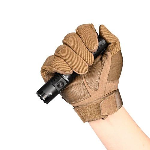AceBeam T35 Compact 1900 lumen USB-C rechargeable tactical torch held in a tactical glove.
