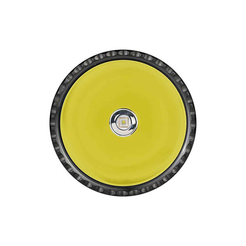 Front view of the Acebeam T28 flashlight head, showing the yellow lens and central LED.